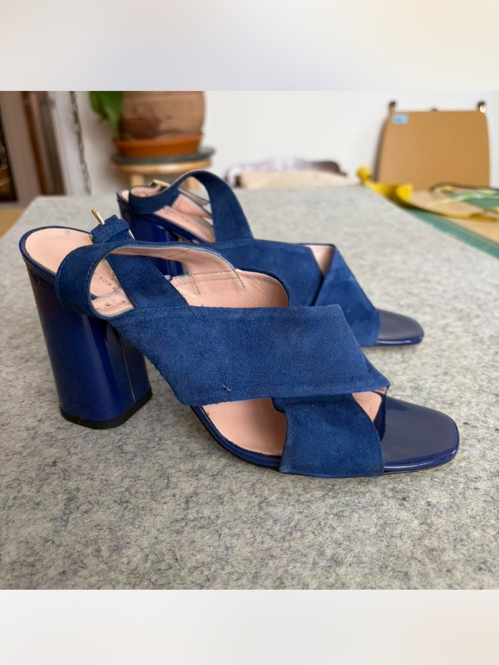 kate spade patent & suede deep blue Crisscross Block Heel Sandals. Block heel